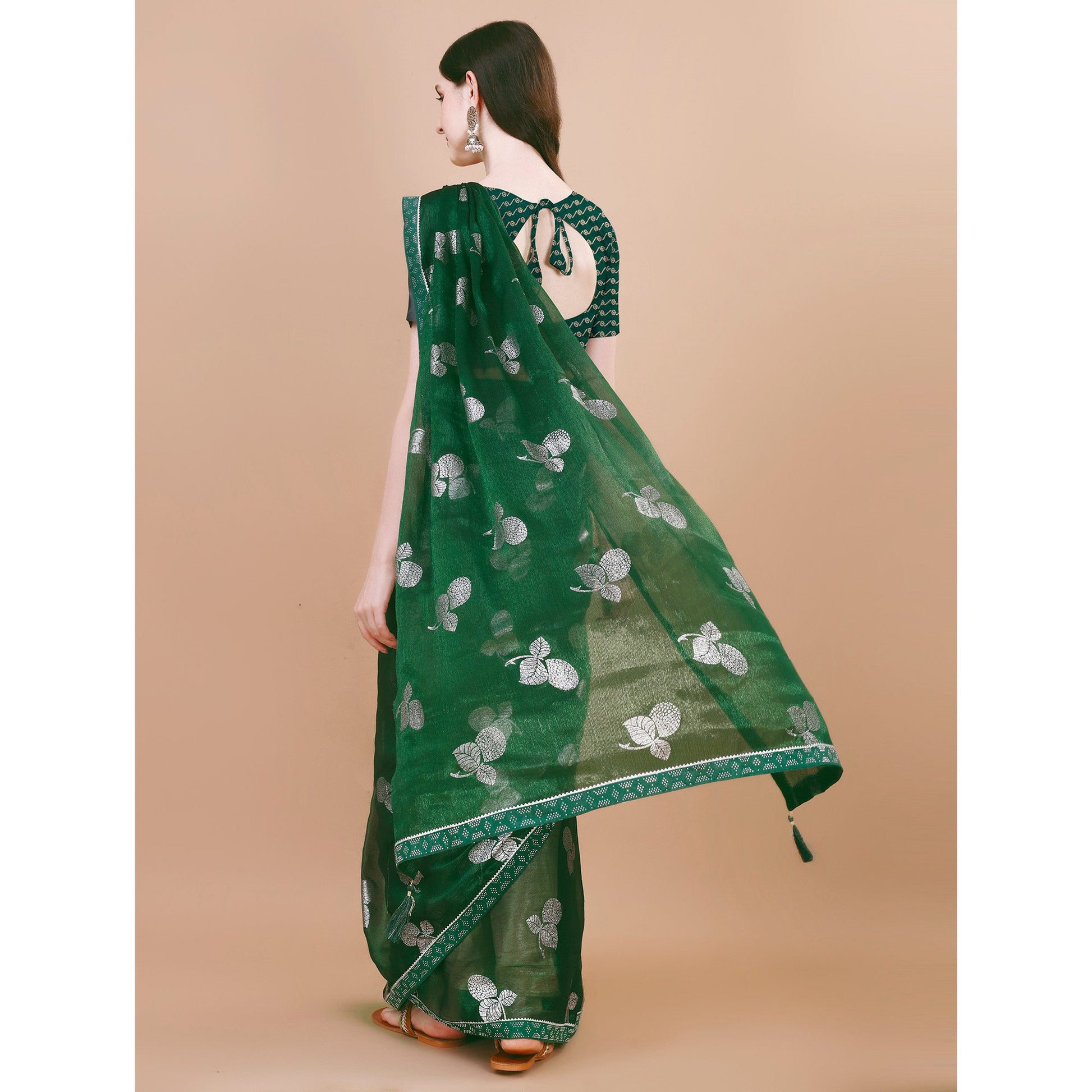 green-floral-foil-printed-chiffon-saree