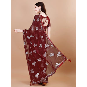 Maroon Floral Foil Printed Chiffon Saree