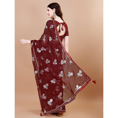 Maroon Floral Foil Printed Chiffon Saree