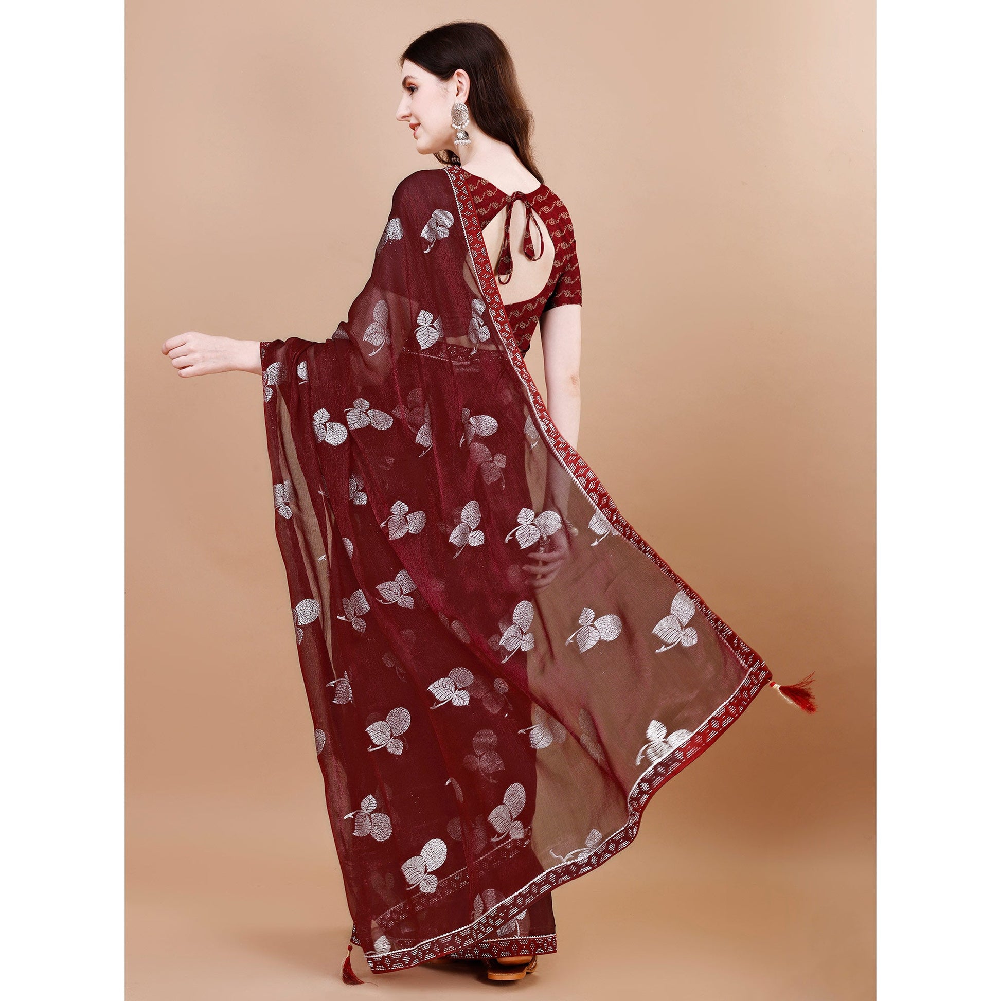 Maroon Floral Foil Printed Chiffon Saree