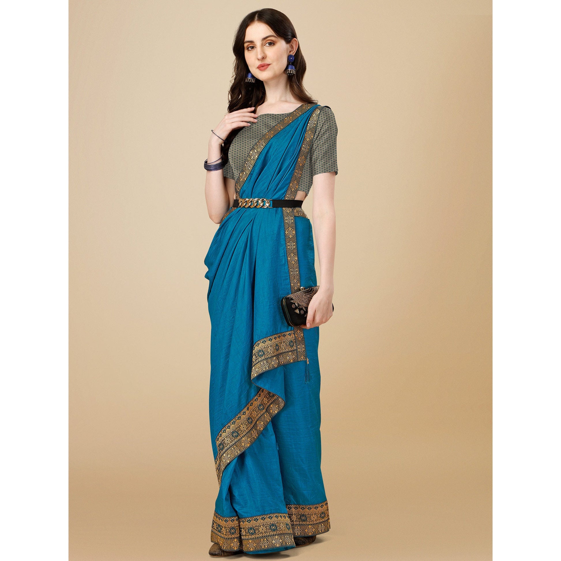 Blue Solid Vichitra Silk Saree