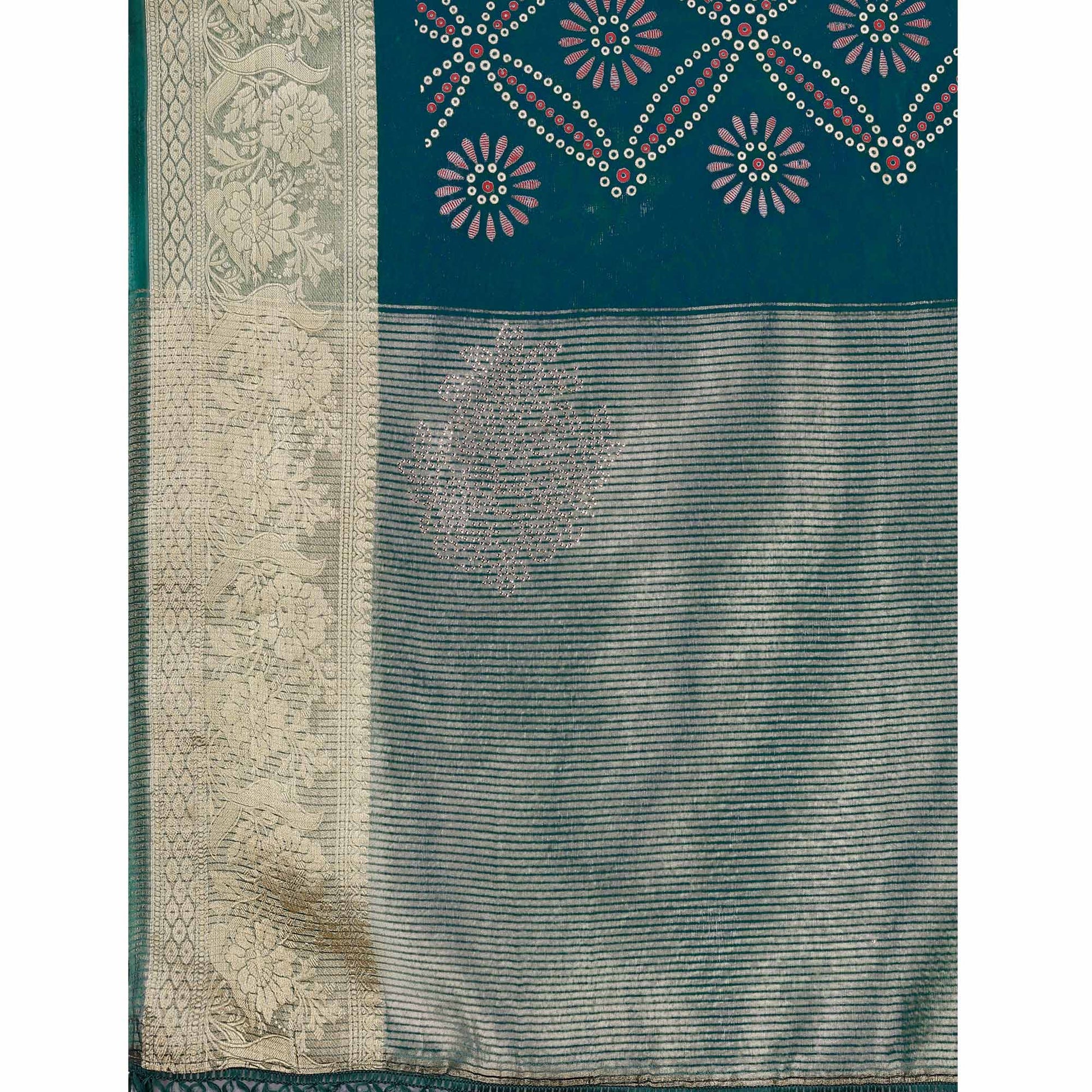 green-bandhani-printed-organza-saree-with-woven-border