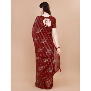 Maroon Foil Printed Chiffon Saree With Lace Border