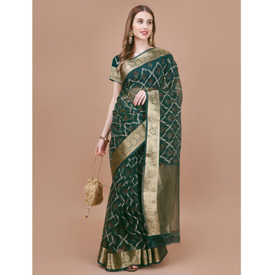 green-bandhani-printed-organza-saree-with-woven-border-2
