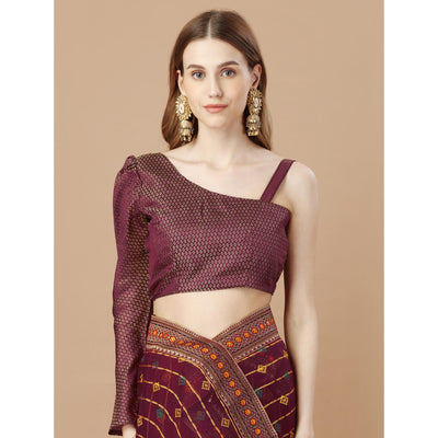 Maroon Foil Printed Chiffon Saree With Lace Border