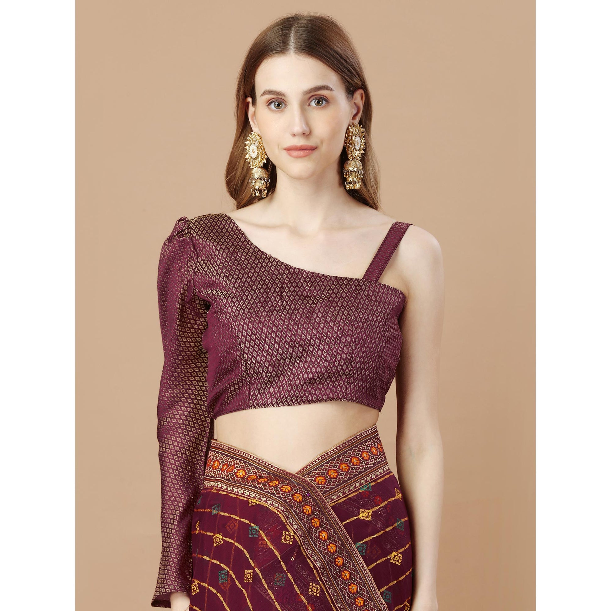Maroon Foil Printed Chiffon Saree With Lace Border