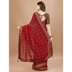 Maroon Foil Printed Chiffon Saree With Lace Border