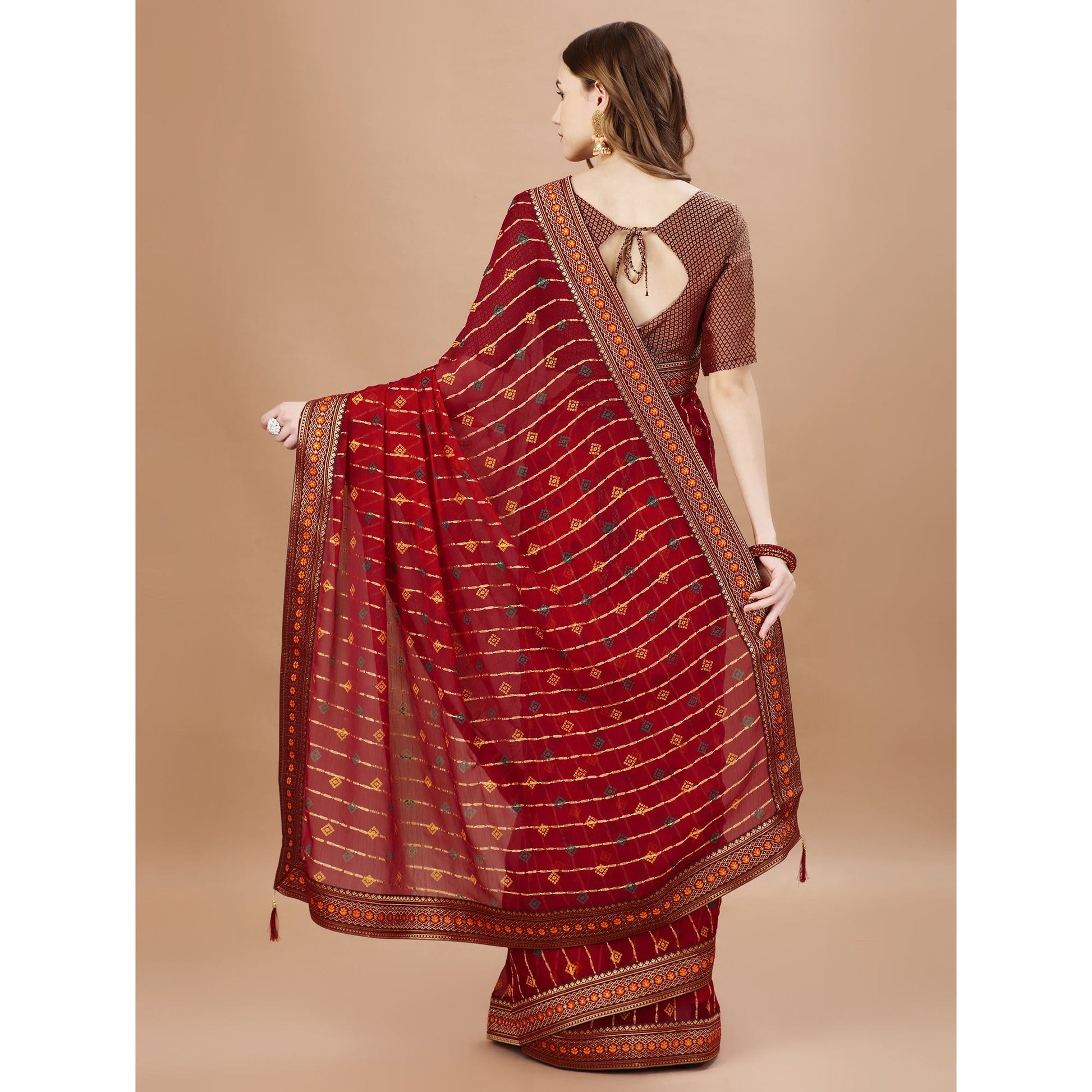 Maroon Foil Printed Chiffon Saree With Lace Border