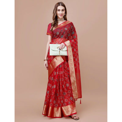Dark Red Bandhani Printed Organza Saree With Woven Border