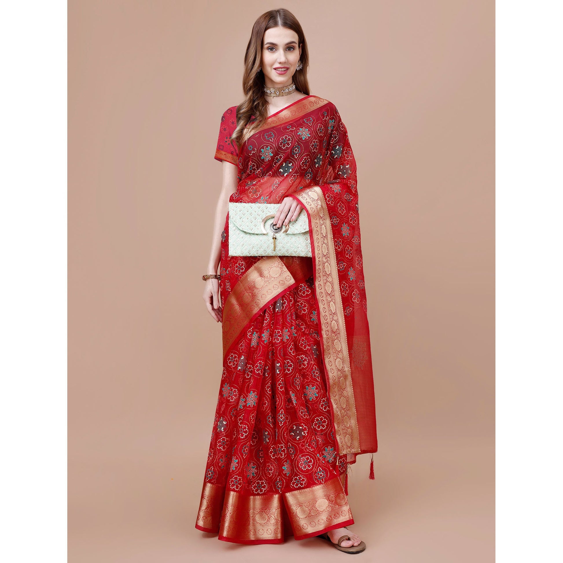 Dark Red Bandhani Printed Organza Saree With Woven Border