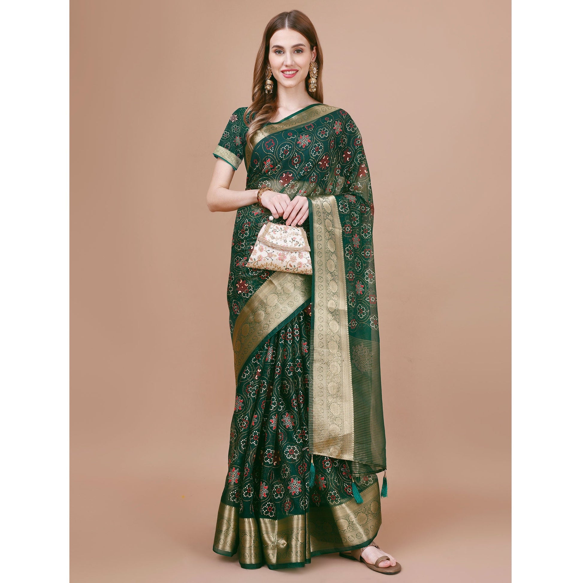 green-bandhani-printed-organza-saree-with-woven-border-1