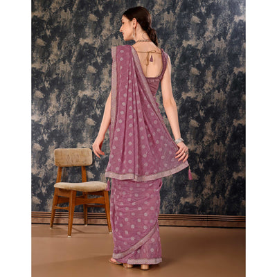 Mauve Printed Chiffon Saree With Lace Border
