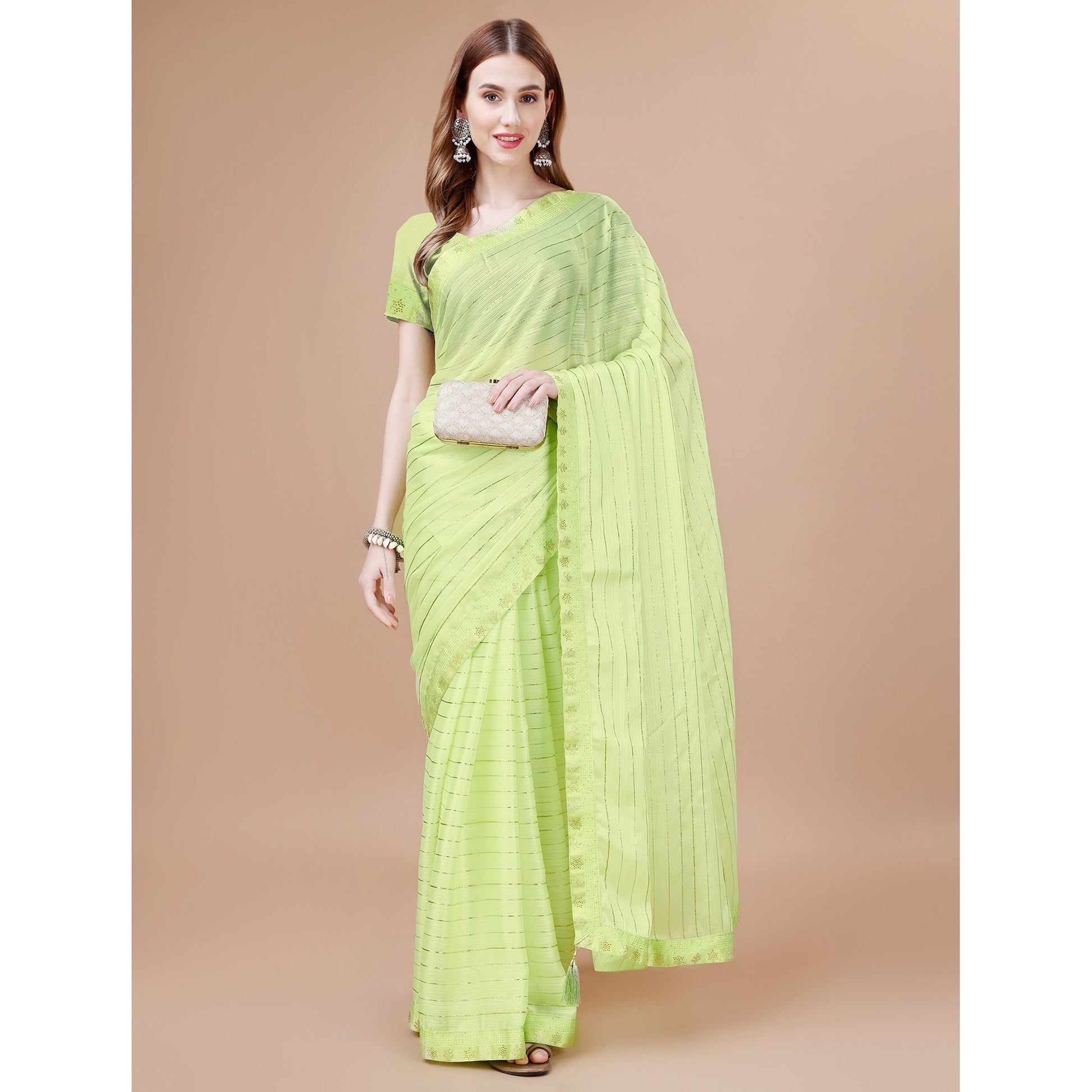 Lemon Green Zari Work Chiffon Saree