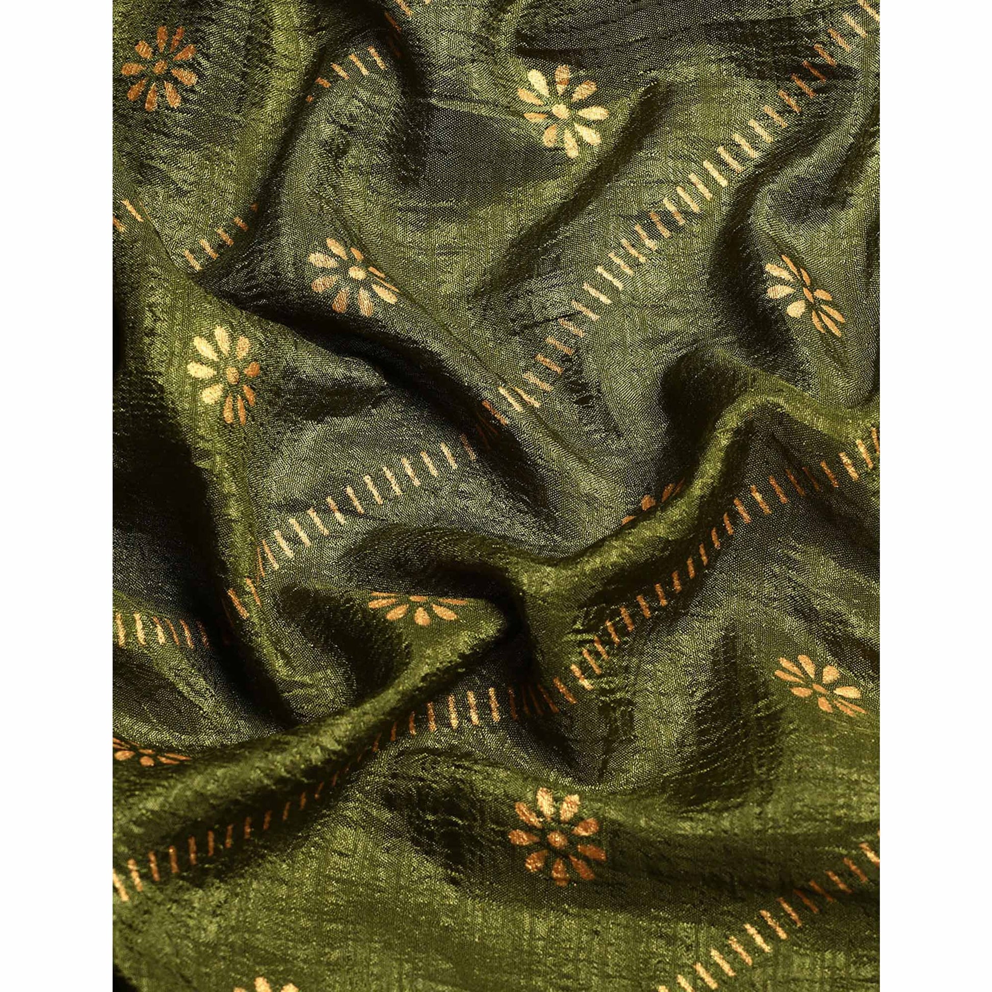 Mehendi Green Floral Foil Printed Vichitra Silk Saree