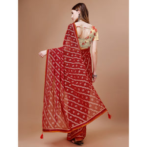 Maroon Floral Foil Printed Chiffon Saree With Lace Border