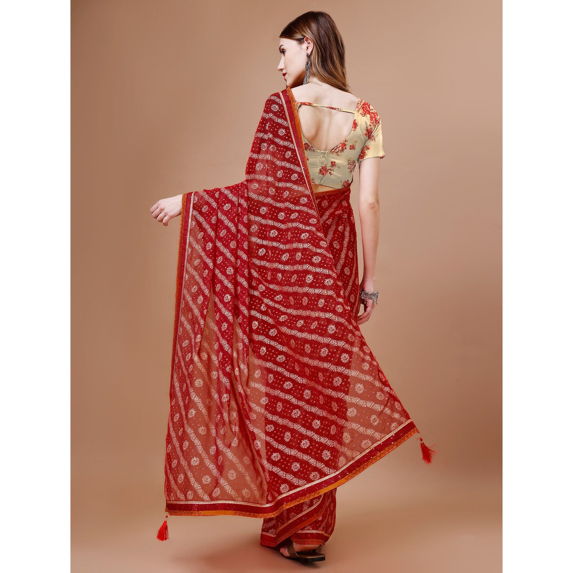 Maroon Floral Foil Printed Chiffon Saree With Lace Border