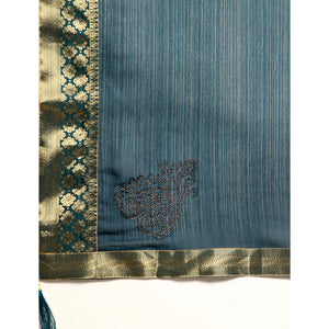 Blue Swarovski Work Chiffon Saree With Zari Border