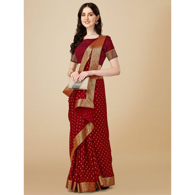 Maroon Foil Printed Vichitra Silk Saree With Jacquard Border