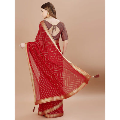 Maroon Foil Printed Chiffon Saree With Lace Border