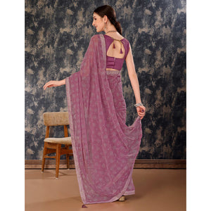 Mauve Printed Chiffon Saree With Lace Border