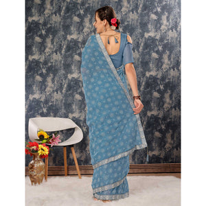 Greyish Blue Printed Chiffon Saree With Lace Border