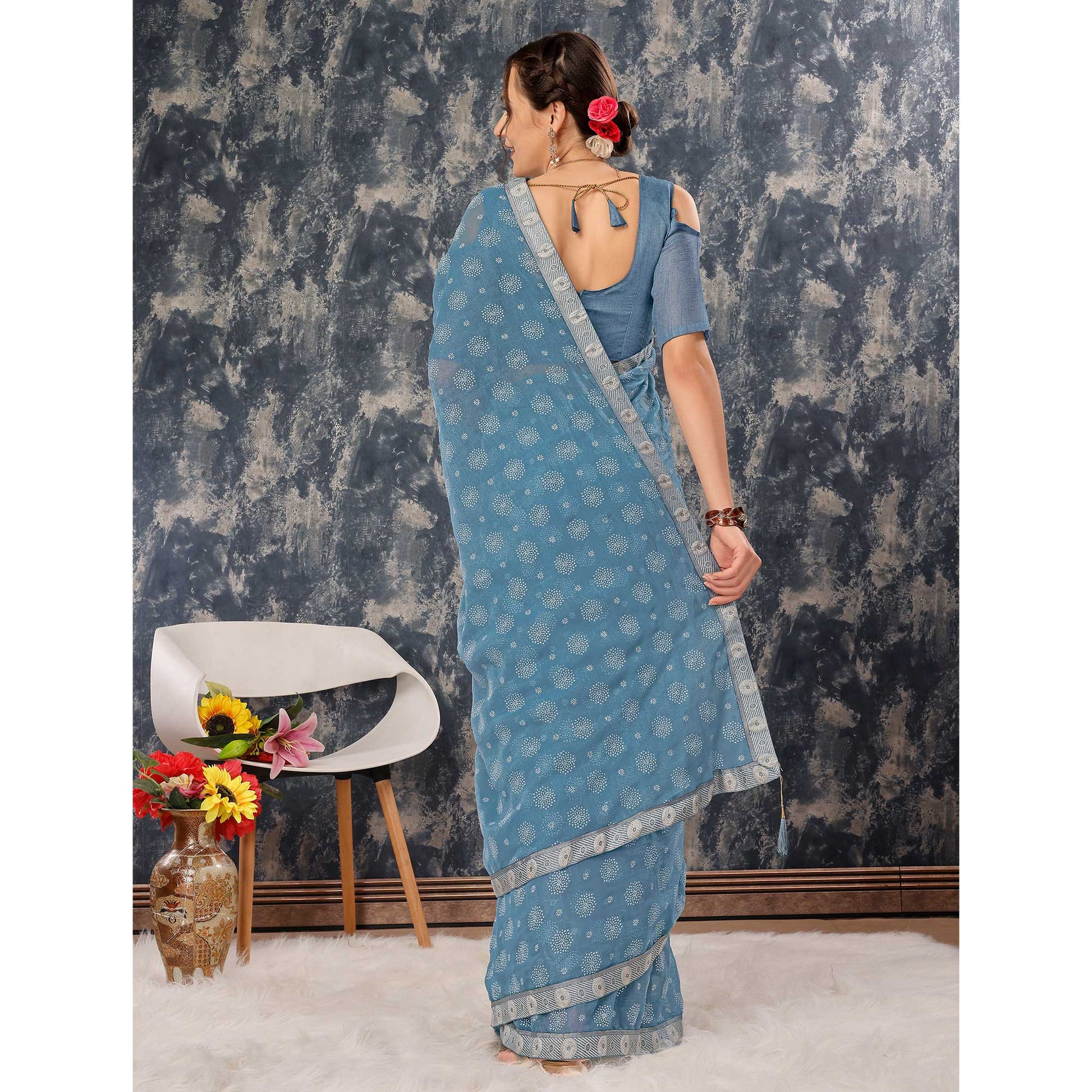 Greyish Blue Printed Chiffon Saree With Lace Border
