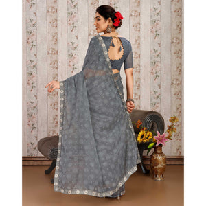 Grey Printed Chiffon Saree With Lace Border