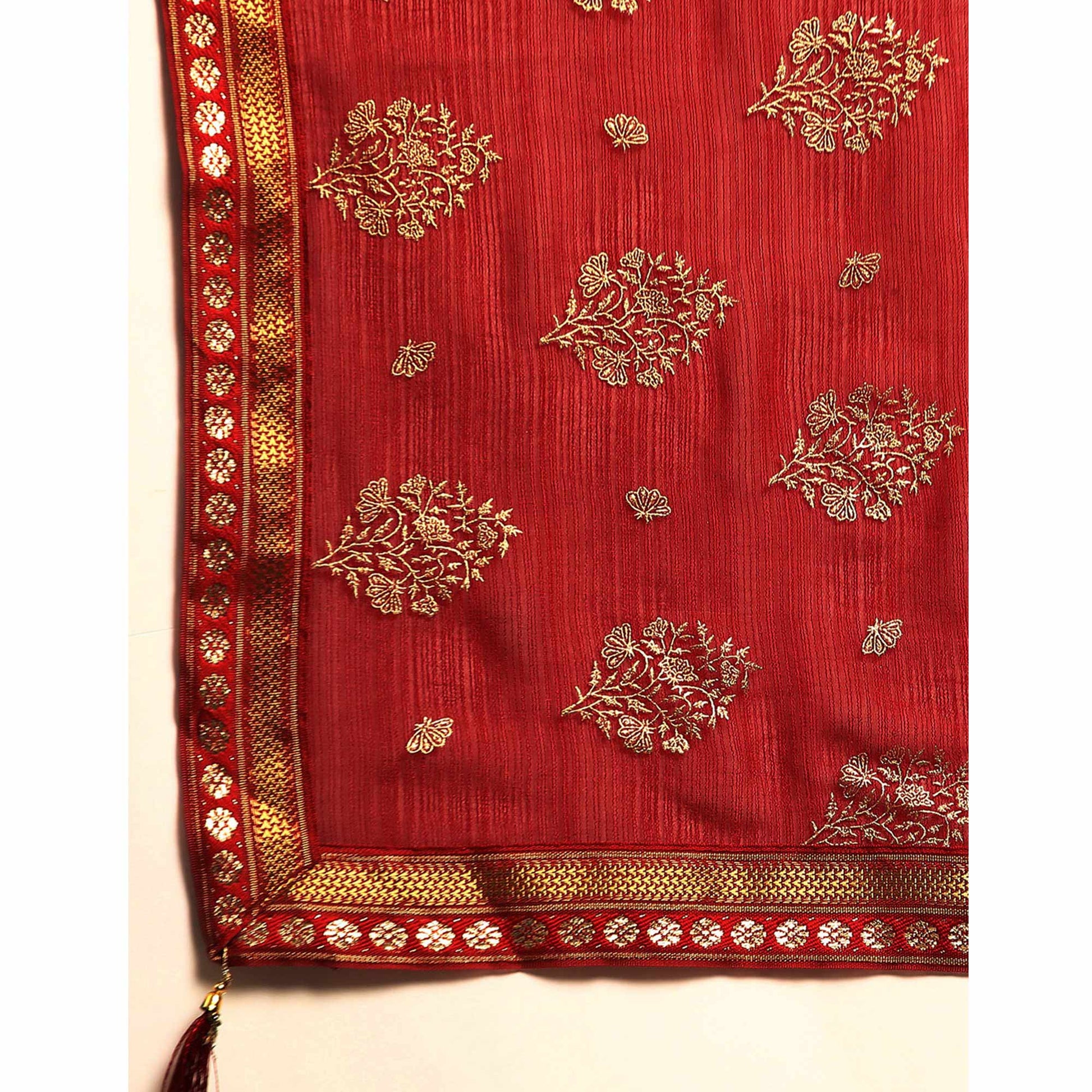 Maroon Floral Foil Printed Chiffon Saree With Tassels
