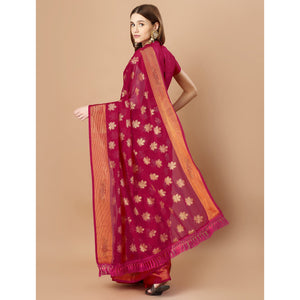 Dark Magenta Zari Work Chiffon Saree With Tassels