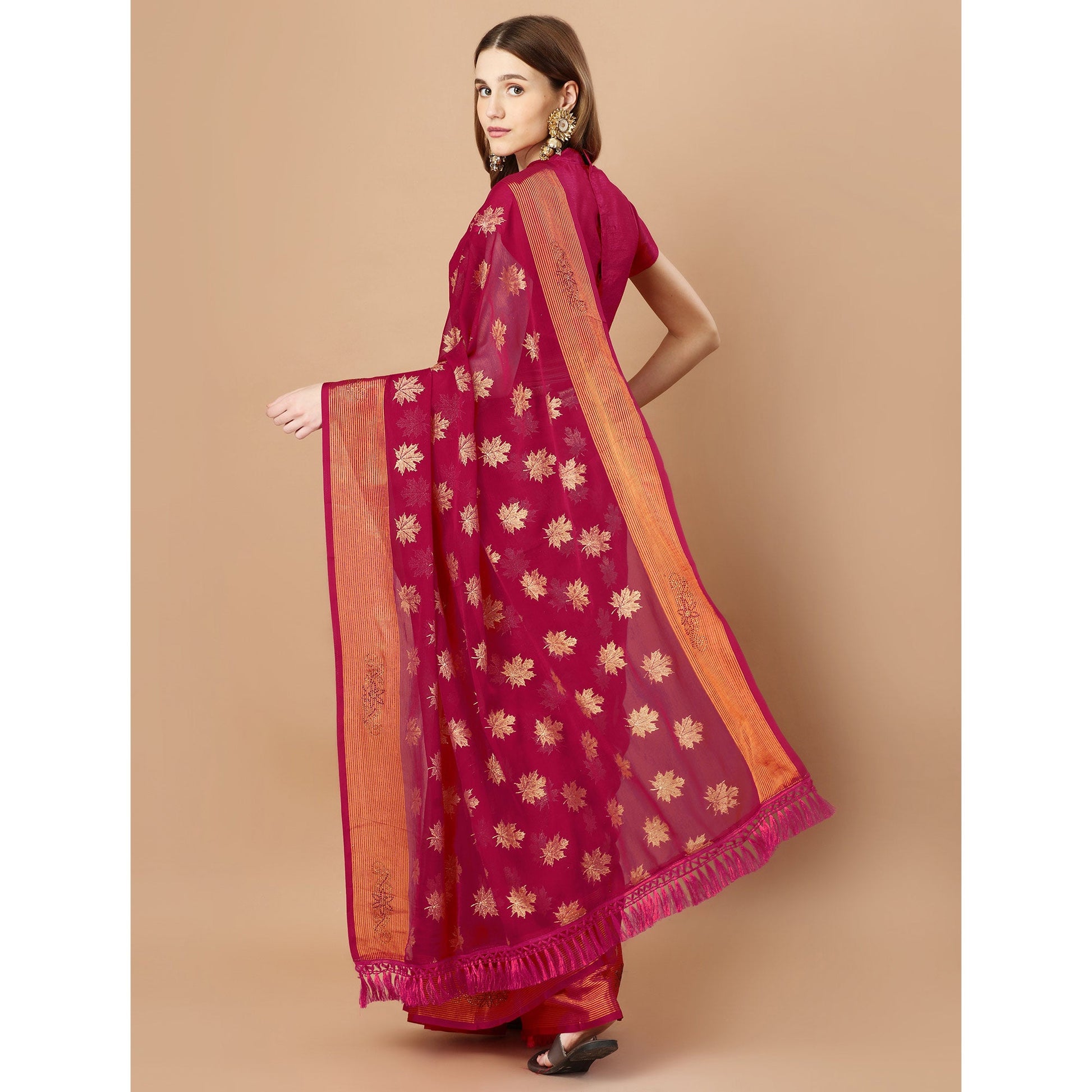 Dark Magenta Zari Work Chiffon Saree With Tassels