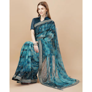 Blue Zari Work Chiffon Saree Lace Border
