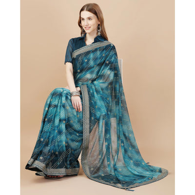 Blue Zari Work Chiffon Saree Lace Border