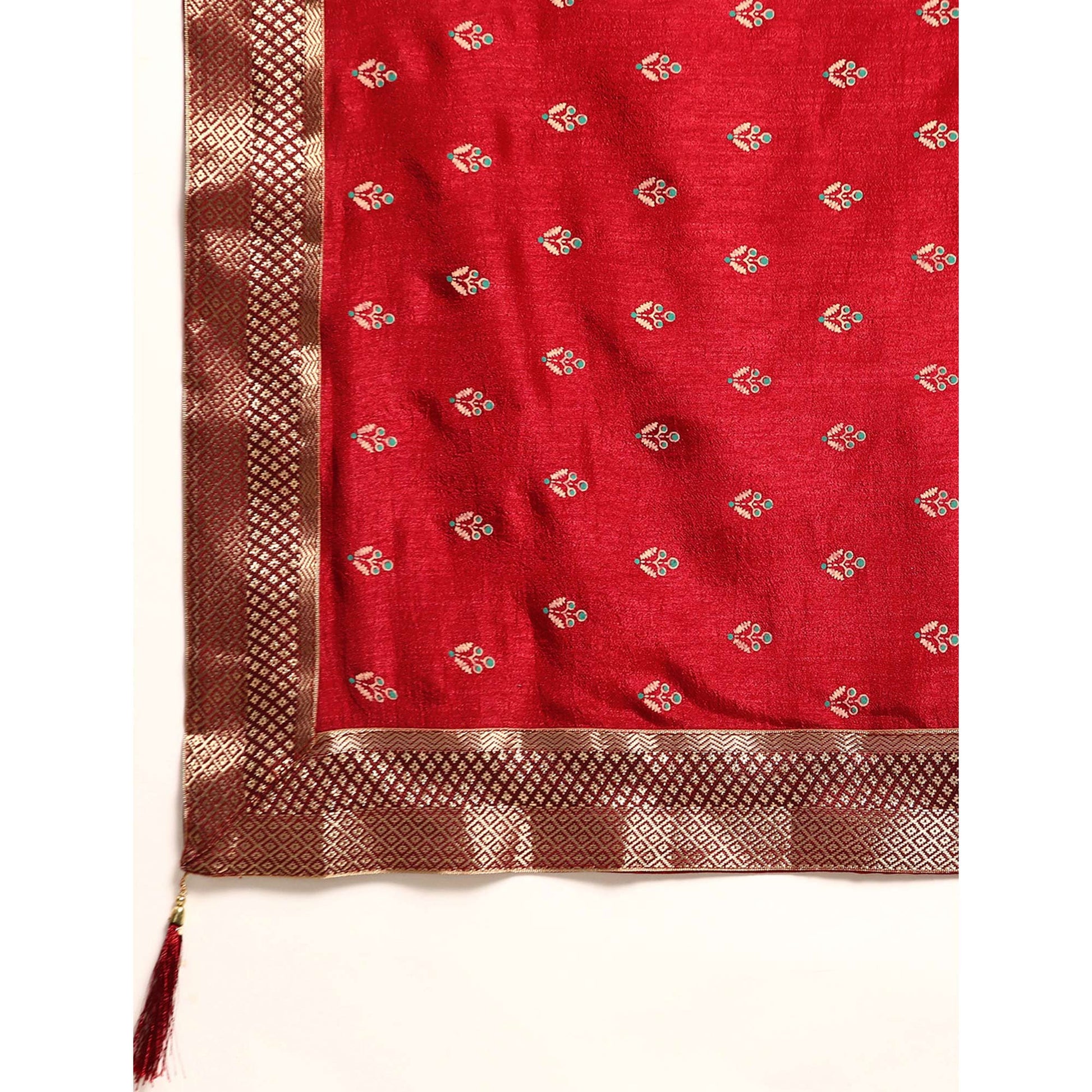Maroon Floral Printed Vichitra Silk Saree With Tassels
