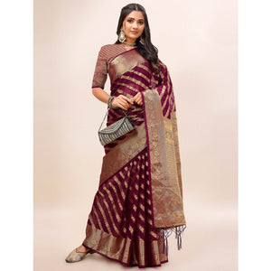 Maroon Woven Organza Saree With Tassels