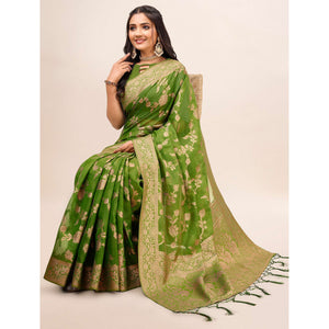 Mehendi Green Woven Organza Saree With Tassels