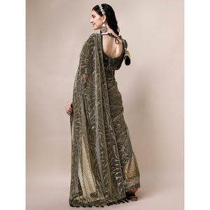 Mehendi Green Floral Printed Rayon Saree