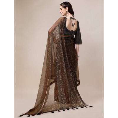 Brown Floral Printed Rayon Saree