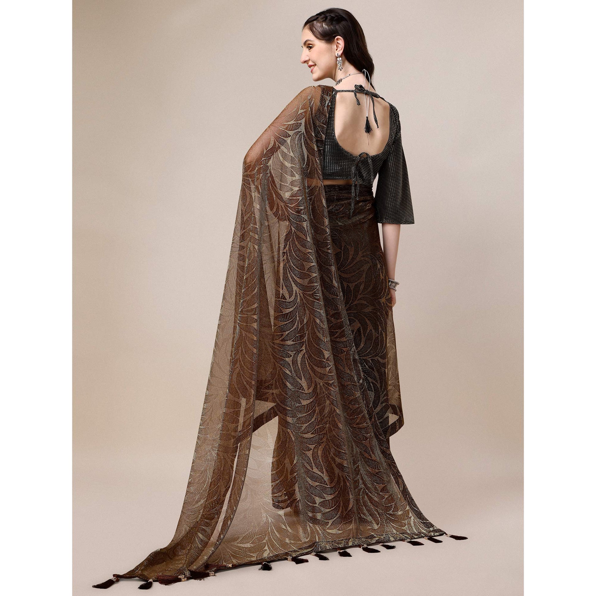 Brown Floral Printed Rayon Saree