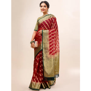 Maroon Woven Organza Saree With Tassels