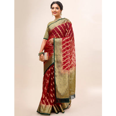 Maroon Woven Organza Saree With Tassels