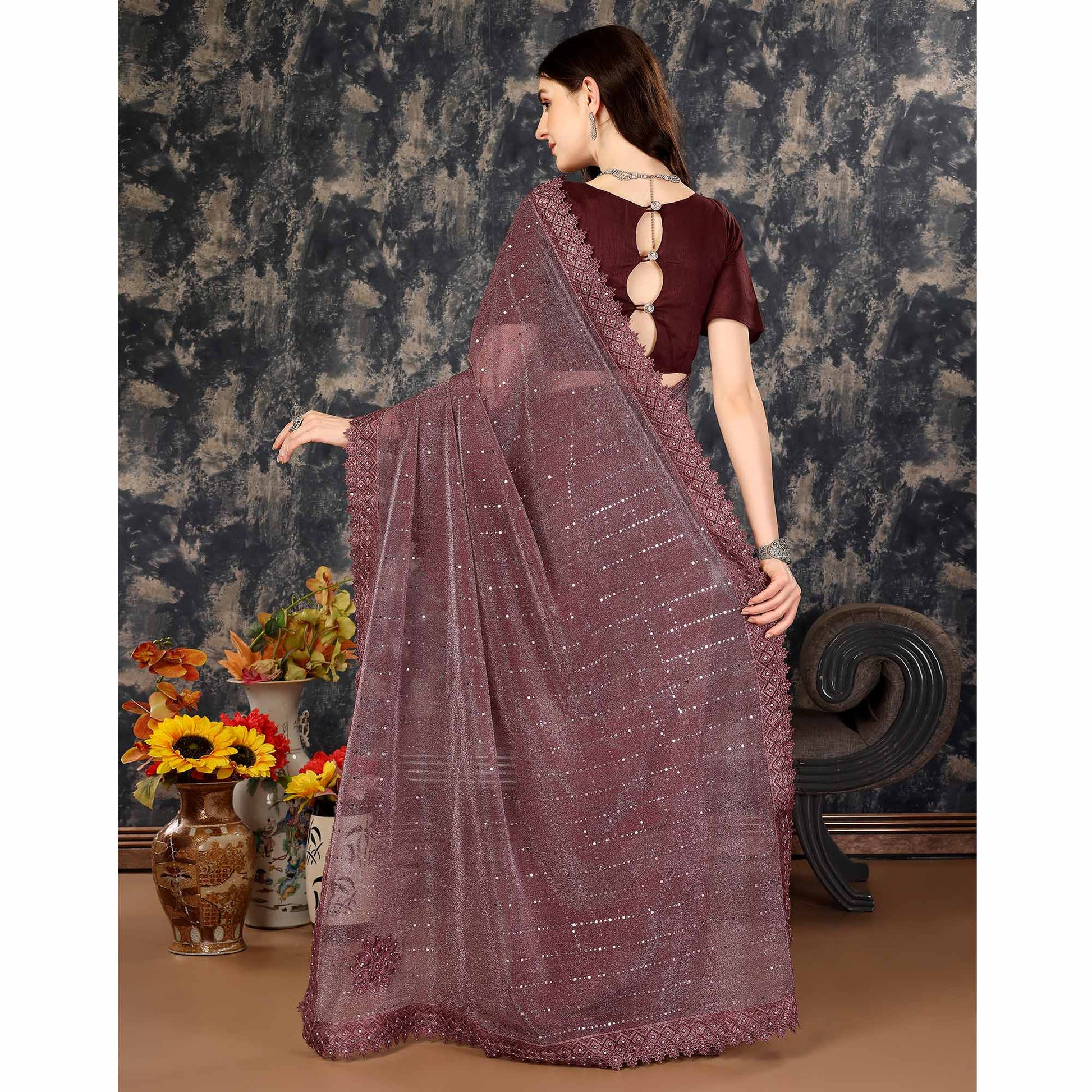 Dark Mauve Tikali With Floral Embroidered Lycra Saree