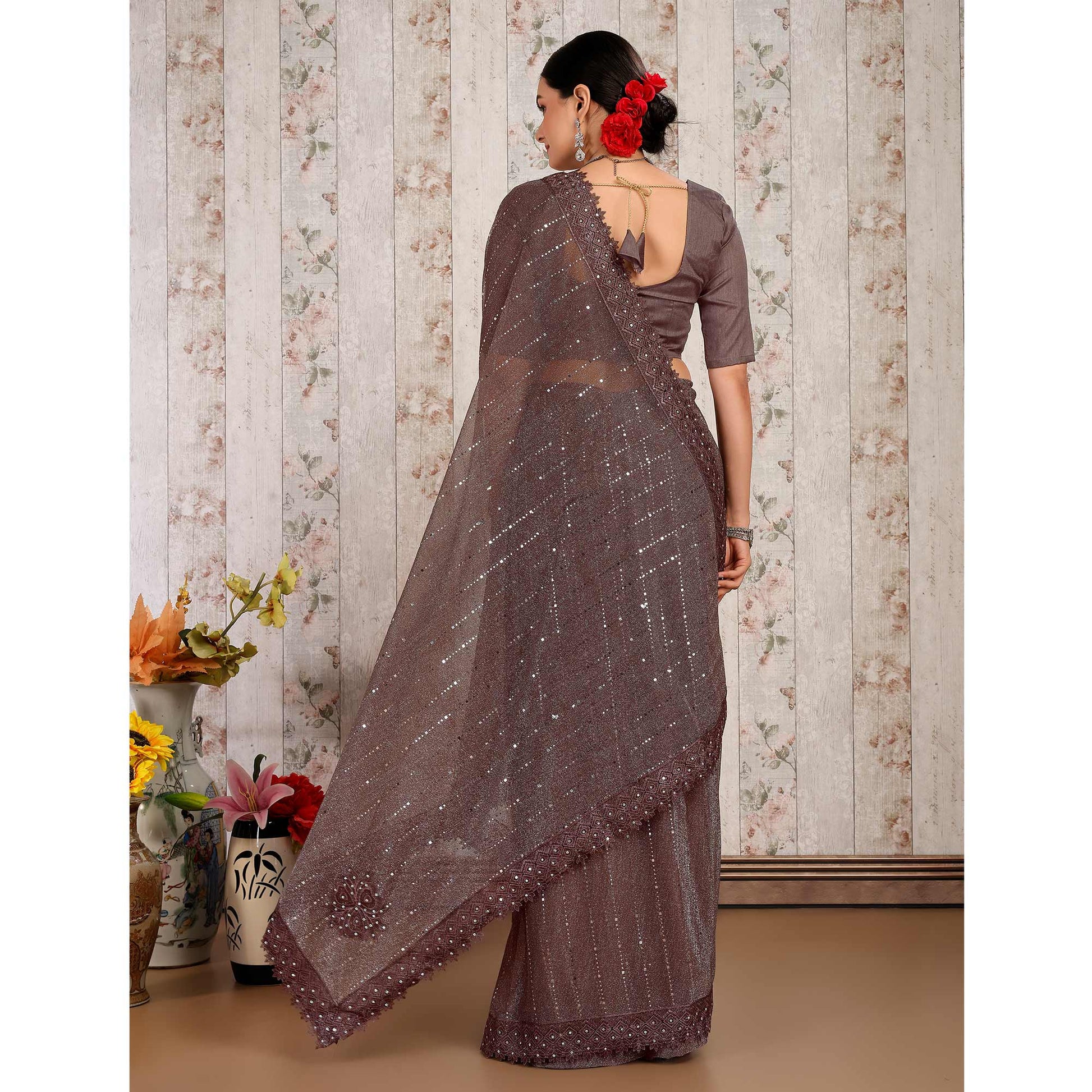 Brown Tikali With Floral Embroidered Lycra Saree