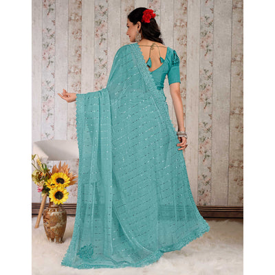 Blue Tikali With Floral Embroidered Lycra Saree