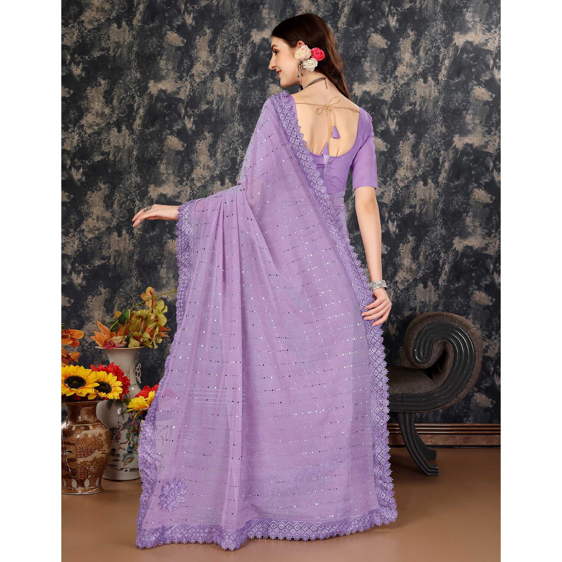 Lavender Tikali With Floral Embroidered Lycra Saree