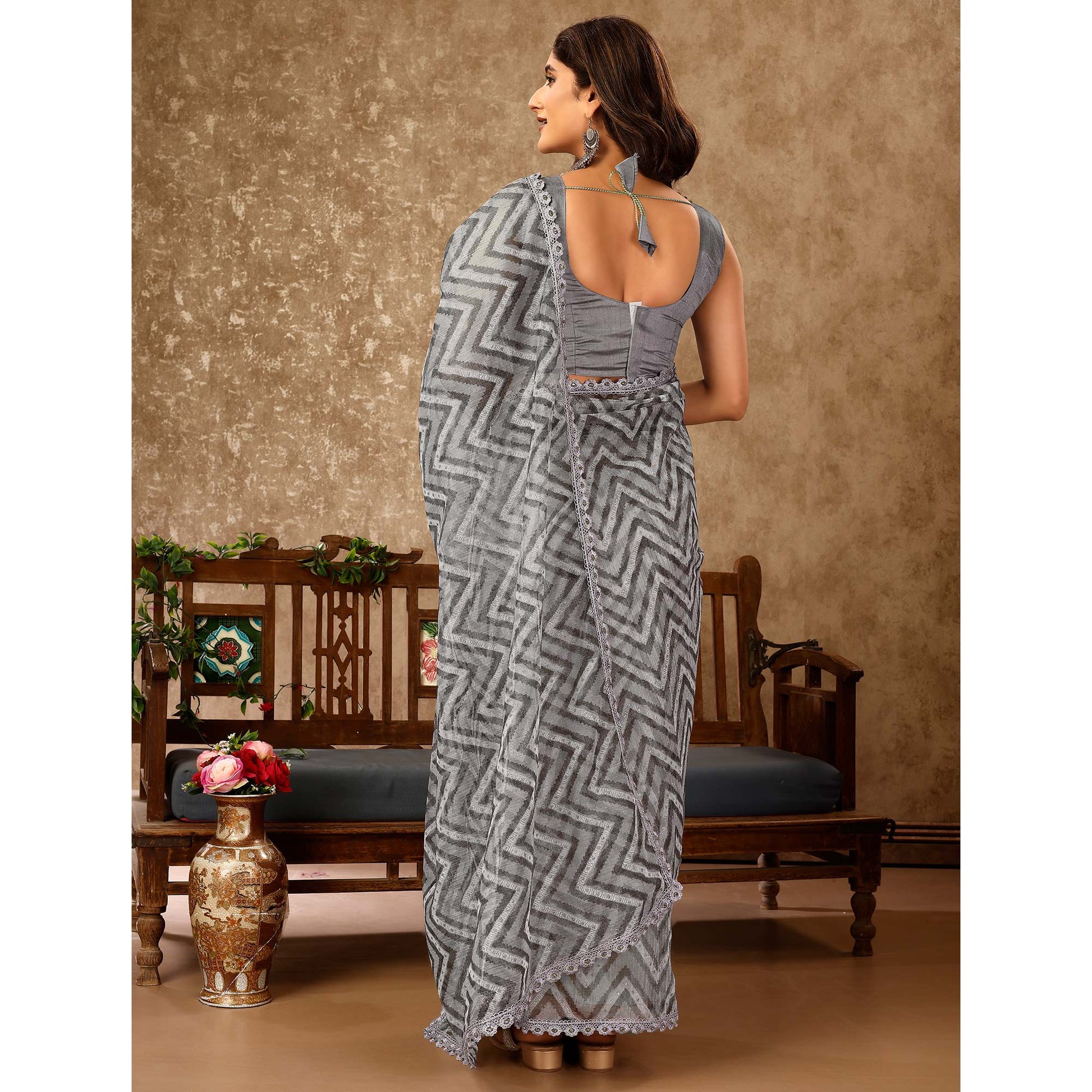 Grey Zig Zag Printed With Stone Work Organza Ready To Wear Saree