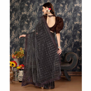 Brown Tikali Work Lycra Saree With Embroidered Lace Border