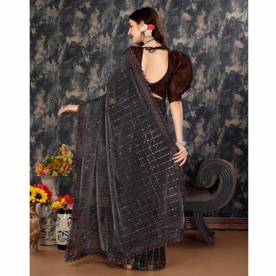 Brown Tikali Work Lycra Saree With Embroidered Lace Border