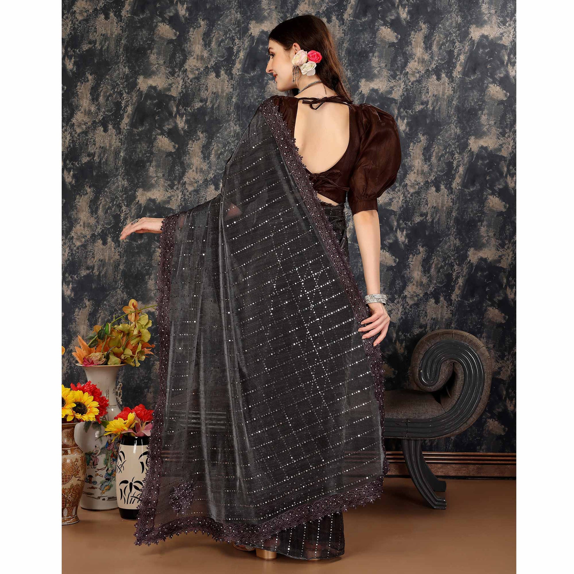 Brown Tikali Work Lycra Saree With Embroidered Lace Border