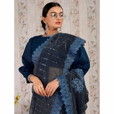 Blue Tikali Work Lycra Saree With Embroidered Lace Border