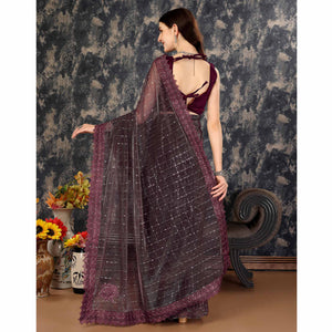 Dark Mauve Tikali Work Lycra Saree With Embroidered Lace Border